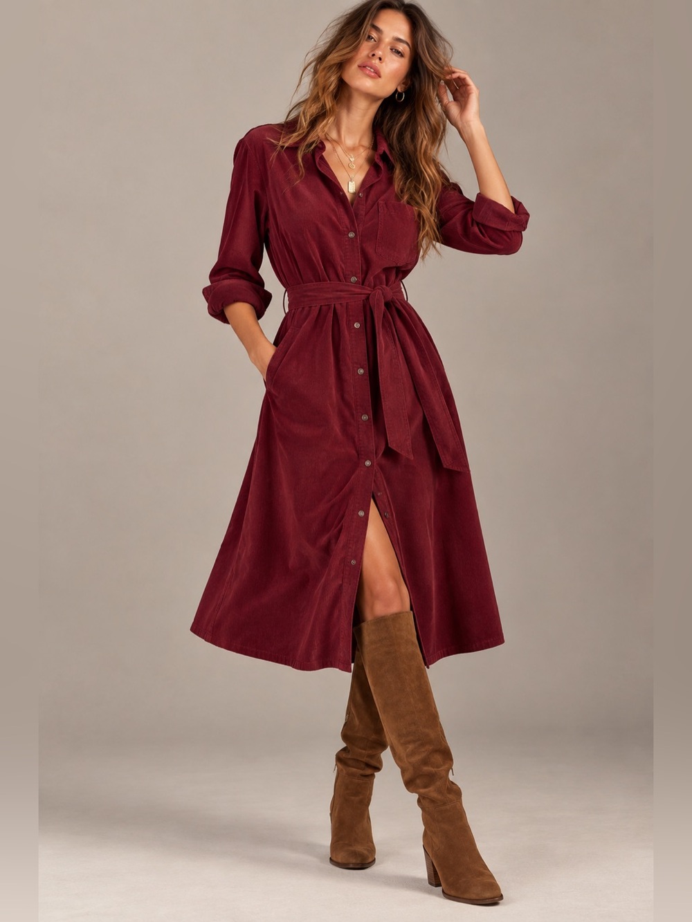 Lands' End Pinwale Burgundy Belted Button Front Corduroy Shirt Dress